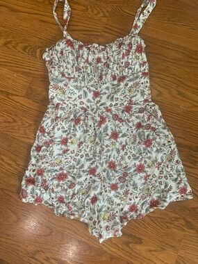 Altar’d State Floral Smocked Strap Kids One-Piece Romper in Cream and Red